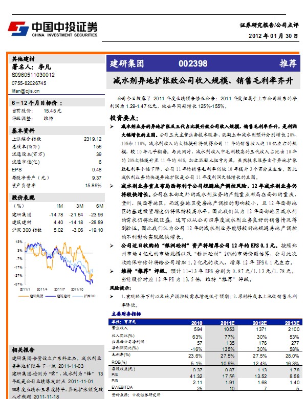 建研集團-002398-減水劑業(yè)務(wù)異地擴張致公司收入規(guī)模