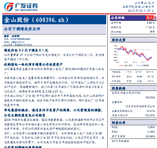 金山股份-600396-公司下調(diào)增發(fā)價(jià)點(diǎn)評