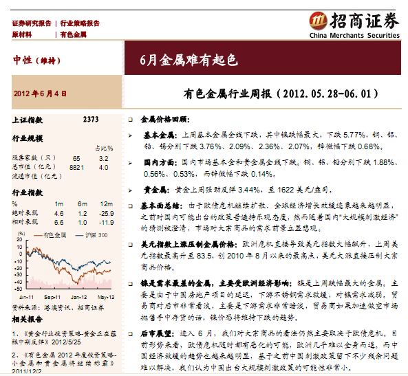 有色金屬行業(yè)研究報(bào)告:有色金屬行業(yè)周報(bào)(2012.05.28~06.01):6月金屬難有起色